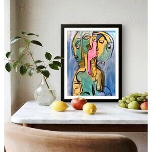 Vibrant Original Acrylic Painting Abstract Embrace Kiss Faces Teal Pink 14x11